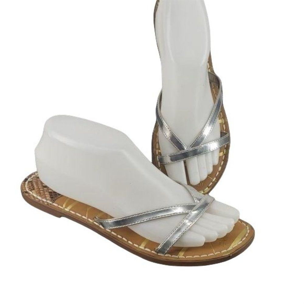 Sam and Libby Silver Thong Low Heel Snakeskin‎ Sandals Flip Flops Size 8